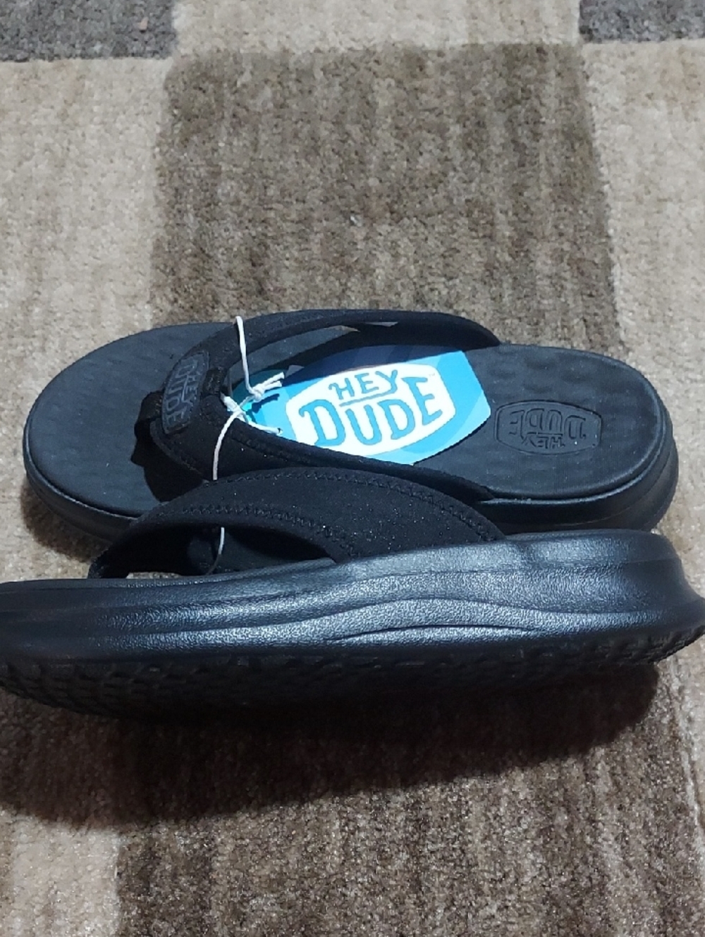 Hey Dude Black Foam Flip Sandals with Blue Insole Logo